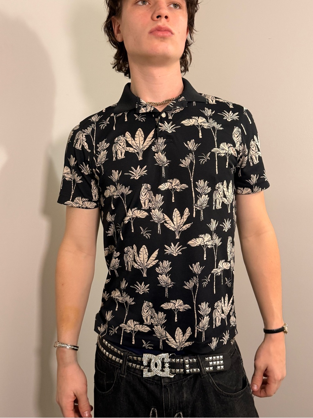 Goodfellow & Co Black Polo with Cream Floral Print